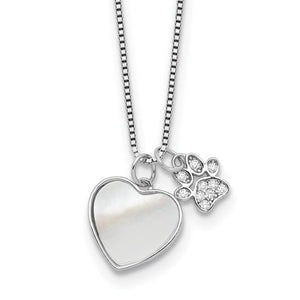 Sterling silver and mother of pearl, CZ paw heart charm pendant