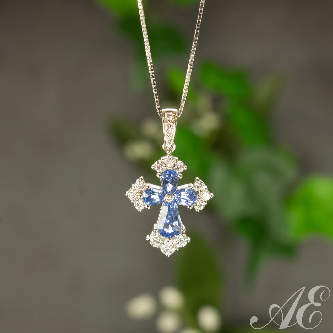 -18k white gold sapphire and diamond cross pendant