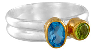 Sterling sliver and 22k gold vermeil ring with blue topaz and peridot