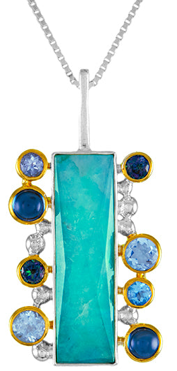Sterling sliver and 22k gold vermeil pendant with amazonite and blue topaz and blue zircon