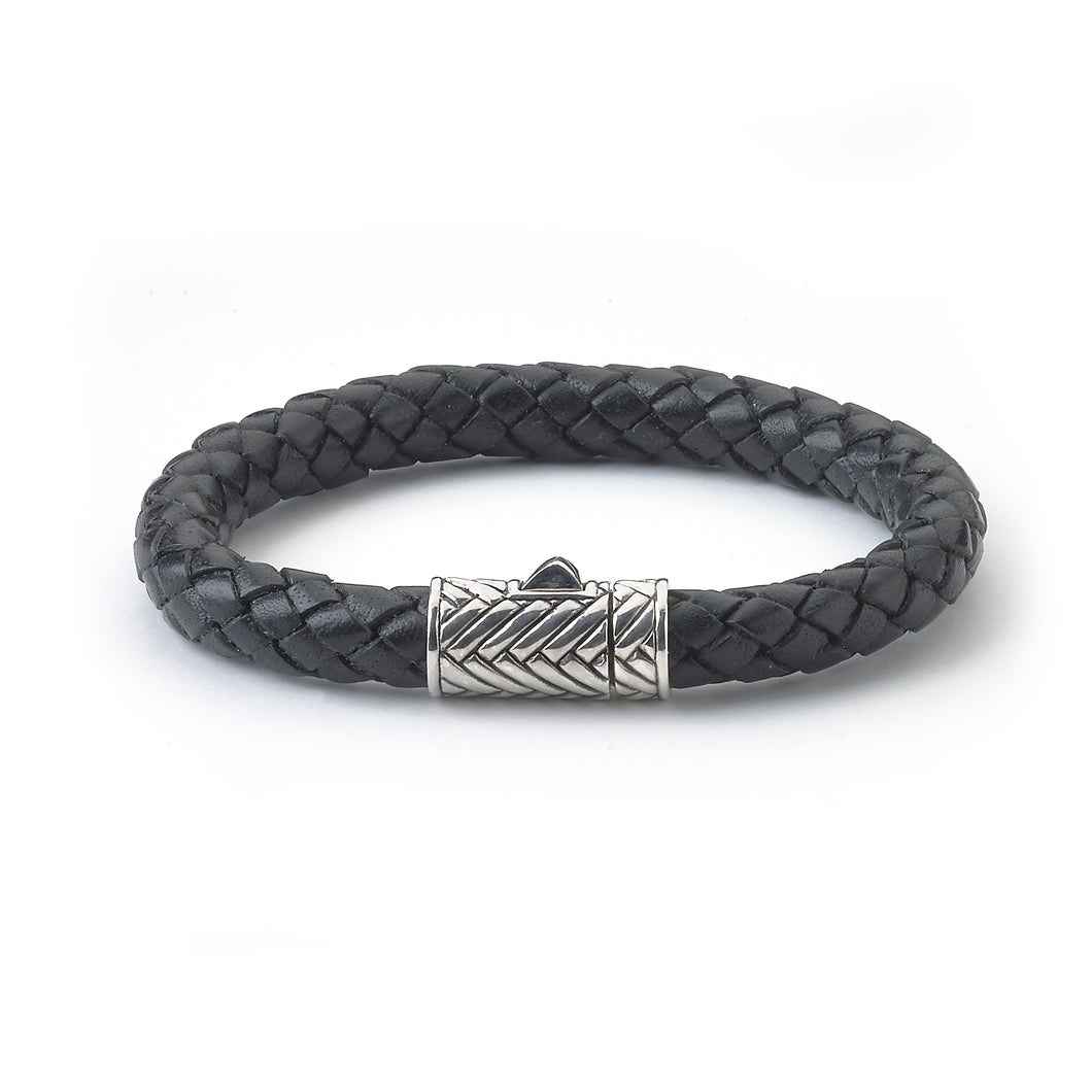 Men's sterling silver and black leather bracelet