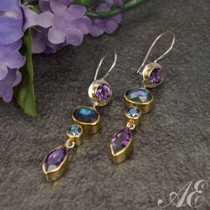 -Sterling silver & 22K vermeil earrings with amethyst, blue topaz and moonstone