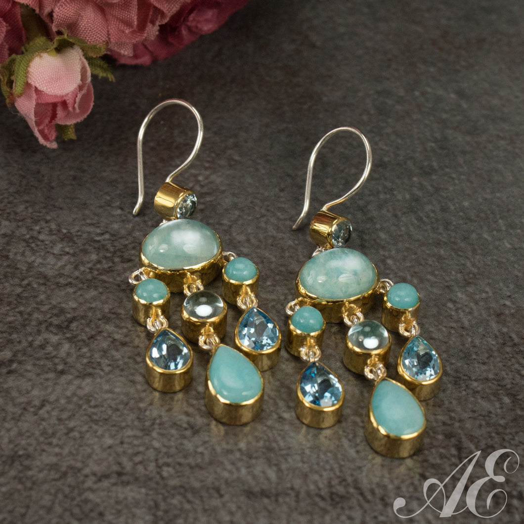 -Sterling silver & 22K vermeil earrings with blue topaz, chalcedony, turquoise and blue zircon