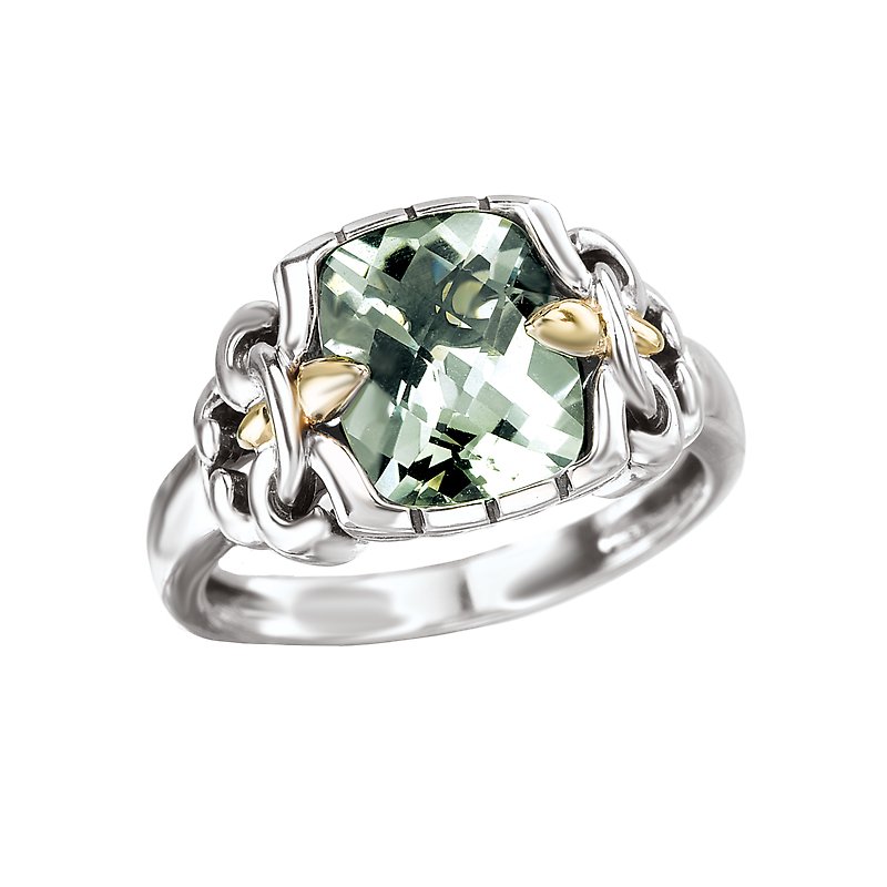 Sterling silver and 18k yellow gold ring with green amethyst
